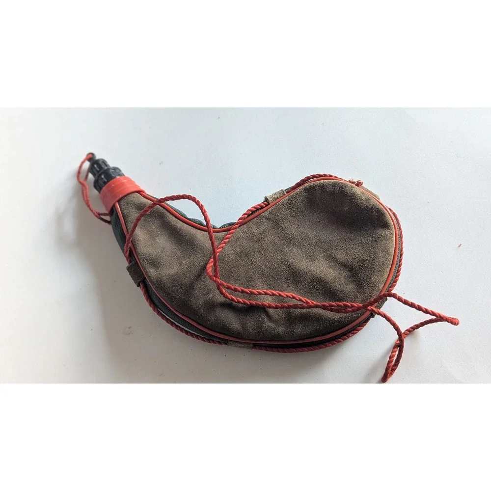 Vintage Spanish Suede Leather Bota Bag Wineskin Brown Red Trim 11.5 Inch